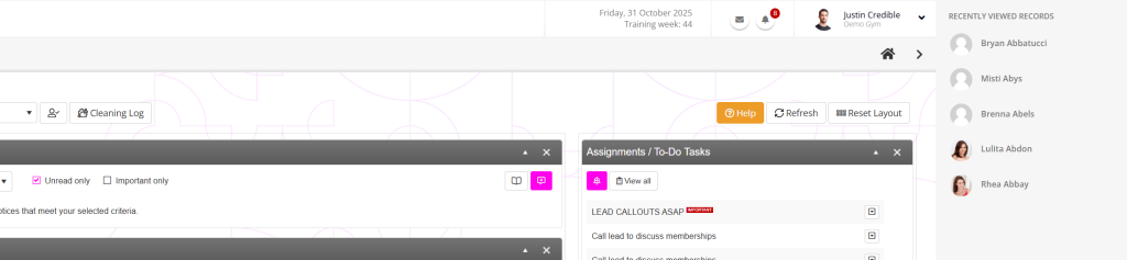 Screenshot of the GymOS Recently Viewed Records navigation menu