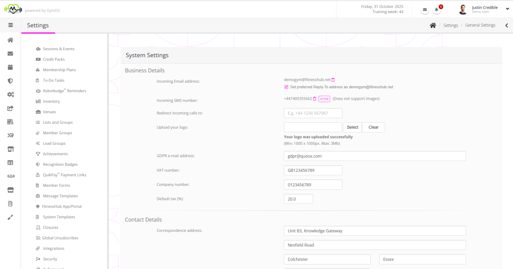 Screenshot of the GymOS secondary navigation