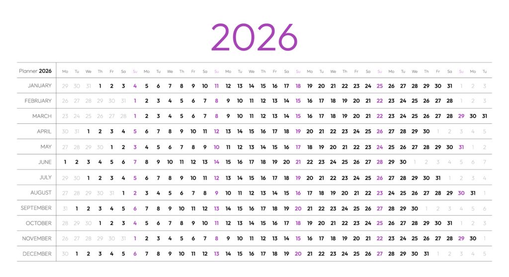 An image of the year planner for 2026